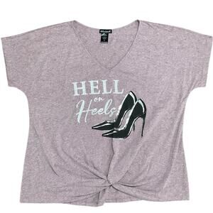 Delusional Women’s Purple Graphic V Neck Tee with Heels Design EUC